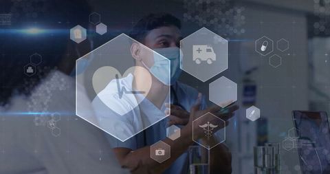 Masked clinician explains medical data with futuristic overlays