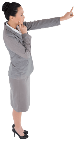 Transparent businesswoman pointing on white background