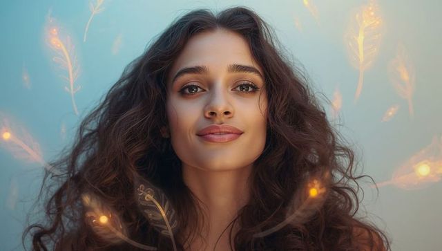 Dreamlike portrait of smiling adult woman with curly hair and glowing feather light wisps