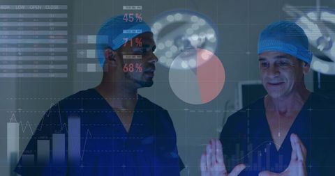 Surgeons gesturing and manipulating augmented data overlays in high-tech operating room