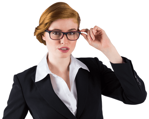Transparent confident redhead businesswoman touching glasses