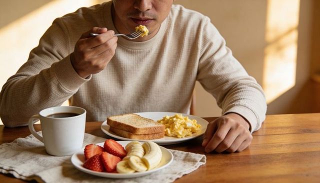 Cozy sunlit morning breakfast with scrambled eggs toast fruit and coffee on wooden table