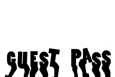 Hands holding guest pass text on transparent background