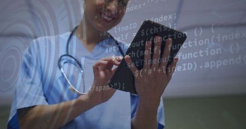Mid-adult nurse tapping tablet with code overlay, digital health interface for telemedicine