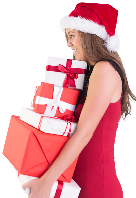 Festive Woman in Red Dress Holding Wrapped Holiday Gifts Transparent - Download Free Stock Videos Pikwizard.com