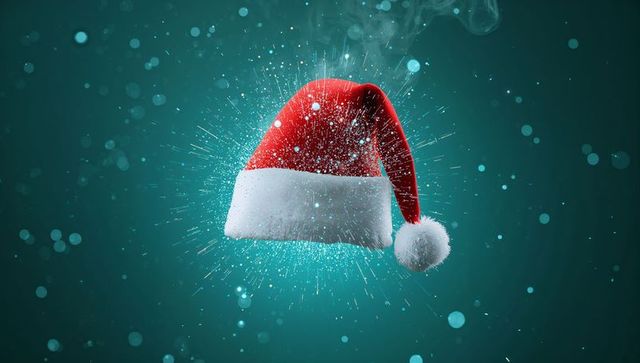 Floating Santa Hat with Velvet Red Felt and White Fur Pom-Pom in Teal Glow and Sparkling Bokeh