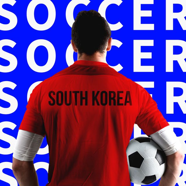 Square image of multiplied soccer and back view of south korea male player with ball. Soccer, league, competition and sport concept.