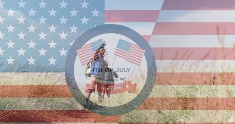 Diverse Couple Hiking on Fourth of July with American Flag Overlay