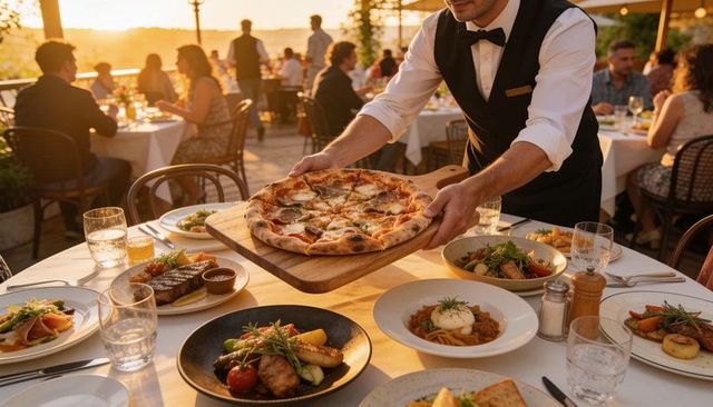Waiter presenting wood-fired pizza and gourmet dishes at romantic alfresco sunset dinner