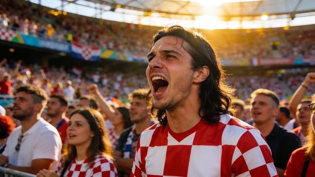 Shouting croatian fan cheering in red and white checkered jersey at packed stadium