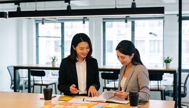 Asian women reviewing documents with sticky notes in modern office collaboration