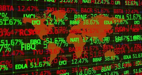 World Map with Scrolling Stock Ticker Data Visualization Graphic