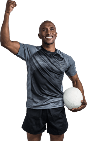 Transparent Joyful Sportsman Holding Rugby Ball in Victory Pose