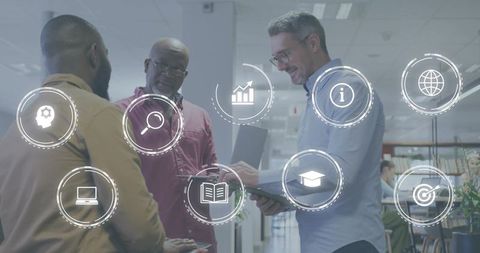 Business team collaborating with digital interface icons in modern workspace