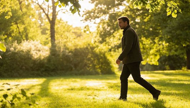 Middle-aged man walking through sunlit park clearing backlit by golden light during leisure stroll