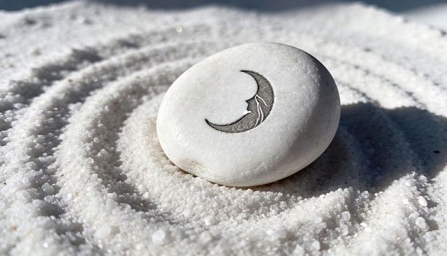 Smooth white pebble engraved with crescent moon resting in raked zen sand garden, minimalist spa