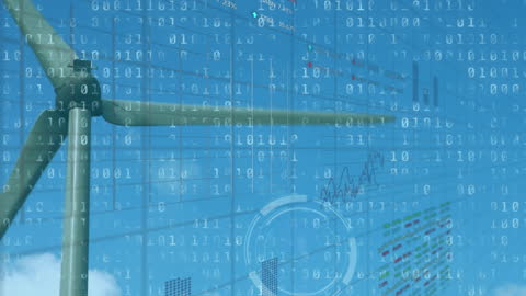 Wind Turbine and Digital Data Overlay Representing Green Energy