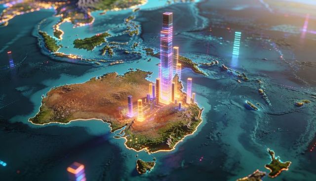 Futuristic neon city rising over eastern australia digital map with glowing data towers