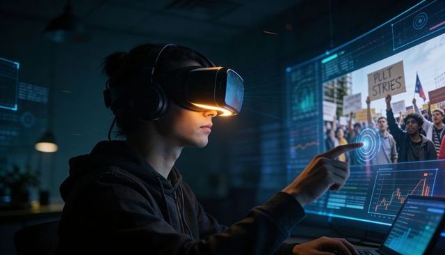 Hooded man wearing VR headset interacting with holographic protest analytics in dark room
