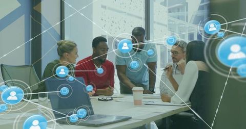 Diverse Business Team Collaboration with Digital Network Overlay