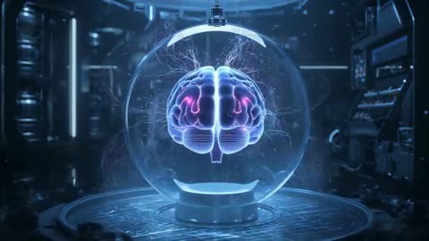Holographic Brain Rotating in High-Tech Lab Enclosure