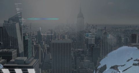 Soaring spired skyscraper towering over downtown rooftops with cyan HUD overlay and globe