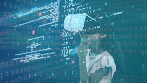 Girl Using VR Headset with Data Overlay for Technology Concept