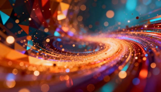 Swirling gold light spiral through abstract digital tunnel with particles and polygons