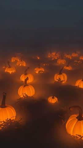 Gliding descent through foggy pumpkin patch showcasing glowing jack-o-lanterns vertical video