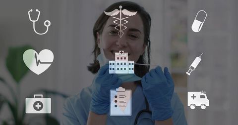 Female nurse adjusting mask wearing gloves and stethoscope with medical icons overlay