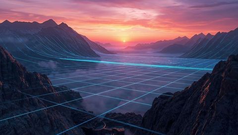 Neon Grid Valley at Sunset Stretching Across Mountain Basin with Futuristic Mesh