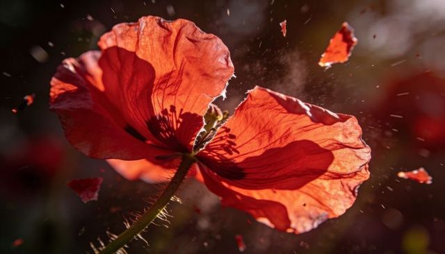 Backlit red poppy with drifting petal fragments and detailed stamens macro