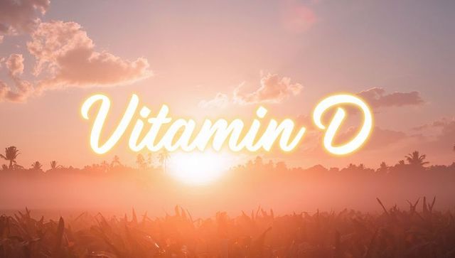 Glowing Vitamin D script over misty tropical sunrise with palms, golden hour wellness