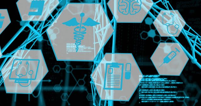Futuristic digital graphics representing medical technology with various icons like caduceus, brain, stethoscope, syringe, computer, and medical clipboard. Appropriate for illustrating advancements in healthcare technology, biomedical innovation, digital transformation in medical fields, data science applications in medicine, and online healthcare services.