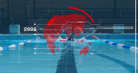 Swimming athlete in lap pool with digital data overlay