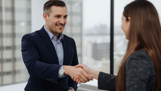 Business Professionals Shaking Hands in Corporate Environment