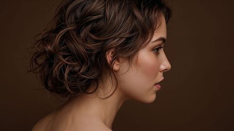 Elegant beautiful lady with tousled brown hair against brown background