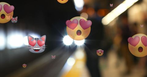 Heart Eyes Emojis Overlay on Blurred Train Station Background - Download Free Stock Images Pikwizard.com