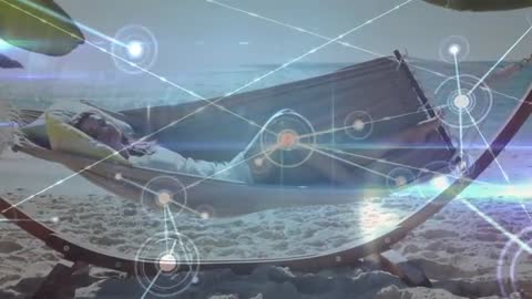 Woman Reclining on Hammock While Digital Network Nodes Sweeping Across Sunlit Beach Horizon