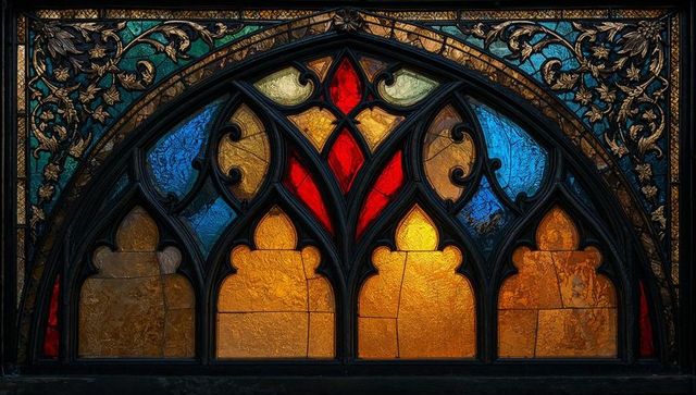 Gothic stained glass window with intricate vine tracery