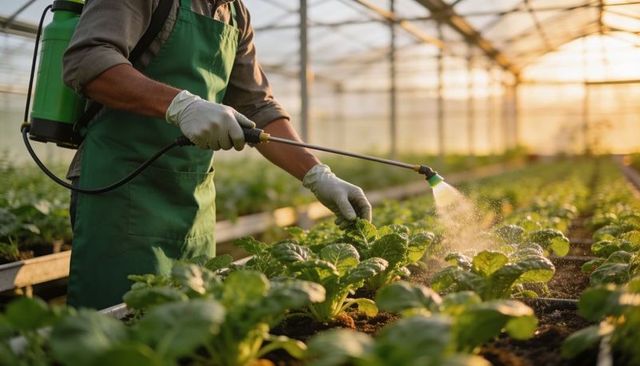 Greenhouse gardener spraying lettuce with backpack sprayer, wearing green apron at sunrise