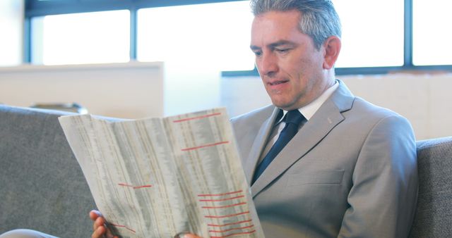 Mature businessman in a suit reading a financial newspaper in a modern office. Perfect for business and financial services advertisements, corporate presentations, or editorial content about business trends and economic analysis.