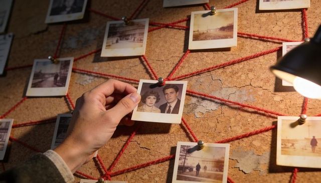 Corkboard with Red Yarn Connecting Vintage Polaroids and Hand Adjusting Central Polaroid