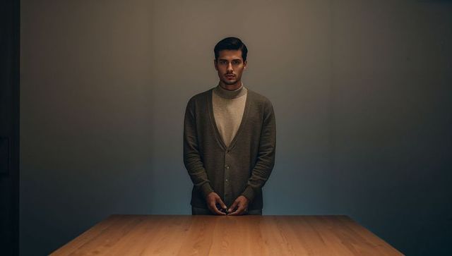 Standing man in turtleneck and cardigan, clasping hands over wooden table, studio portrait