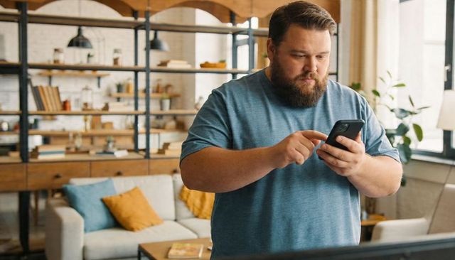 Bearded man holding smartphone and scrolling in cozy modern living room workspace