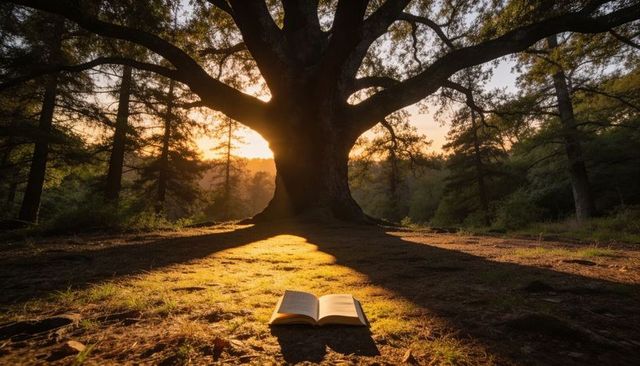 Sunlit ancient oak with open book in forest clearing at golden hour casting long shadows