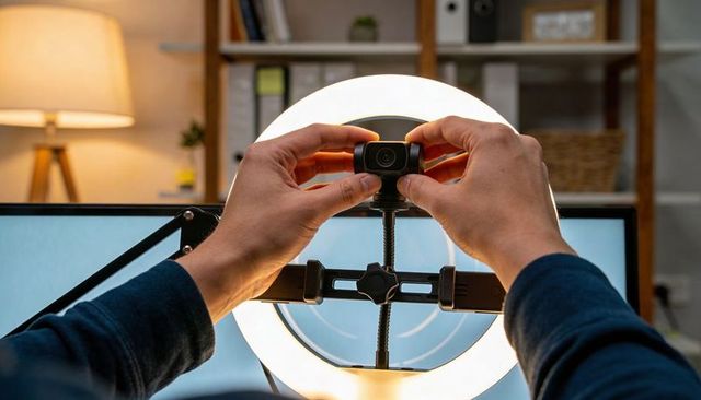 Hands adjusting webcam on ring light for home office live streaming and content creation