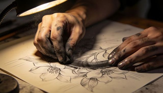 Artist hands blending charcoal over floral sketch under warm lamp chiaroscuro lighting
