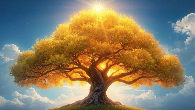 Majestic oak tree glowing with golden backlit canopy and radiant sun rays