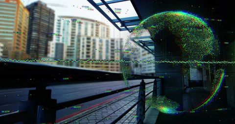 Futuristic Digital Sphere Overlaying Urban Cityscape